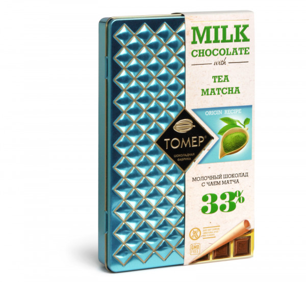 №1 Фабрика Томер металлический бокс Молочный шоколад с чаем МАТЧА ,33%  90г в Елизово